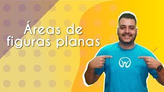 "Áreas de figuras planas" escrito sobre fundo amarelo ao lado da imagem do professor